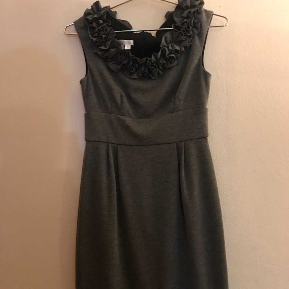 London Times Gray Sleeveless Ruffled Neck Sheath Dress